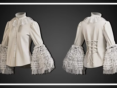 Elegant White Blouse with High Neck Lace Collar Cuffs and Back Lacing Detail 3d model