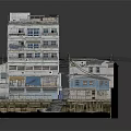 Aged Multi Storey Building With Balconies Colored Walls Adjacent Small House Waterfront Staircase And Boat