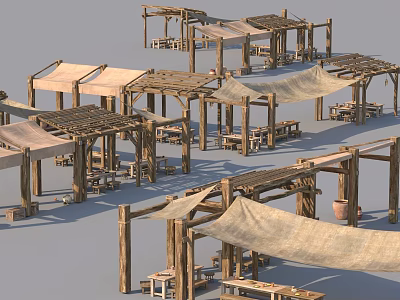 Rustic Outdoor Wooden Structures With Canopy Canvases Tables And Benches 3d model