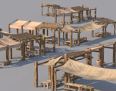 Rustic Outdoor Wooden Structures With Canopy Canvases Tables And Benches 3d model