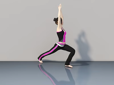 Woman Performing Yoga Pose In Black And Pink Sportswear On Gray Floor With Reflection 3d model