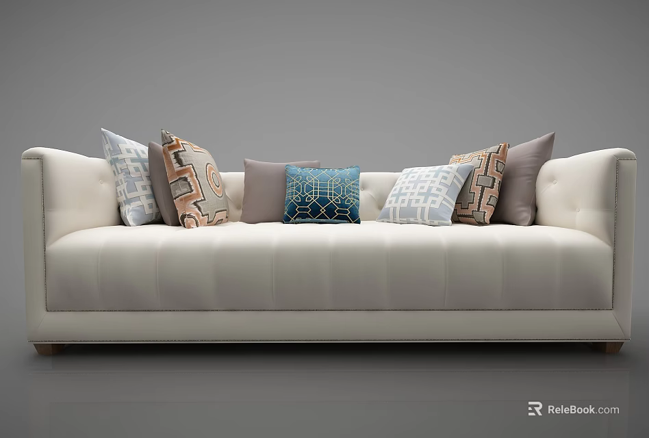 Elegant White Large Sofa With Multiple Patterned Pillows And Tufted Upholstery 3d model