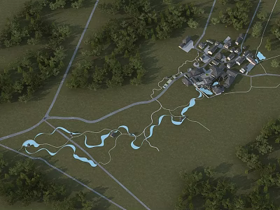 Ancient Architecture Complex Surrounded By Lush Trees And Flowing Rivers 3d model
