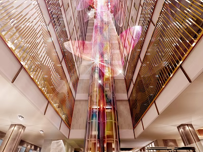 Modern Luxury Hotel Atrium With Transparent Sightseeing Elevator And Exquisite Golden Decorative Railings 3d model