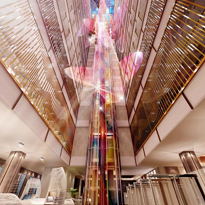 Modern Luxury Hotel Atrium With Transparent Sightseeing Elevator And Exquisite Golden Decorative Railings 3d model