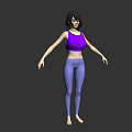 Game and Movie Female Character in Purple Tank Top Blue Leggings Standing on Gray Background