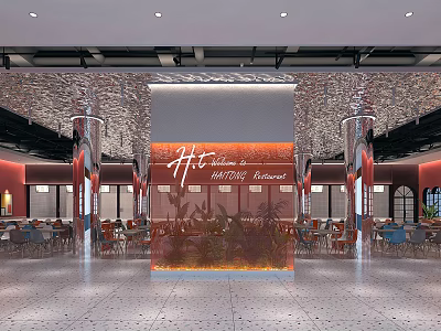 Elegant Hollywood Restaurant Interior With Decorative Columns And Dining Tables 3d model