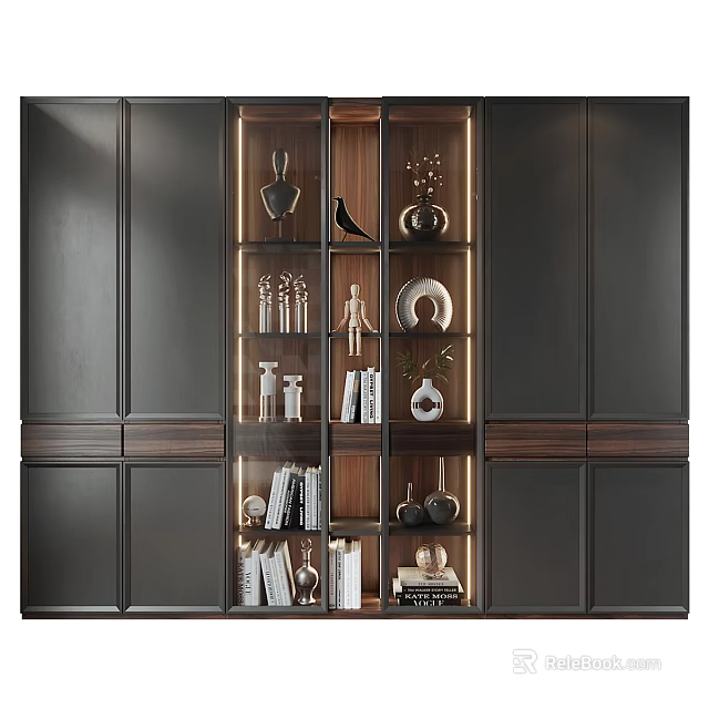 Modern Wooden Glass Door Bookcase With Decorative Vases Sculptures And Books 3d model 