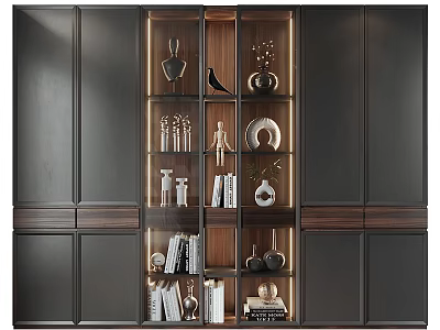 Modern Wooden Glass Door Bookcase With Decorative Vases Sculptures And Books 3d model