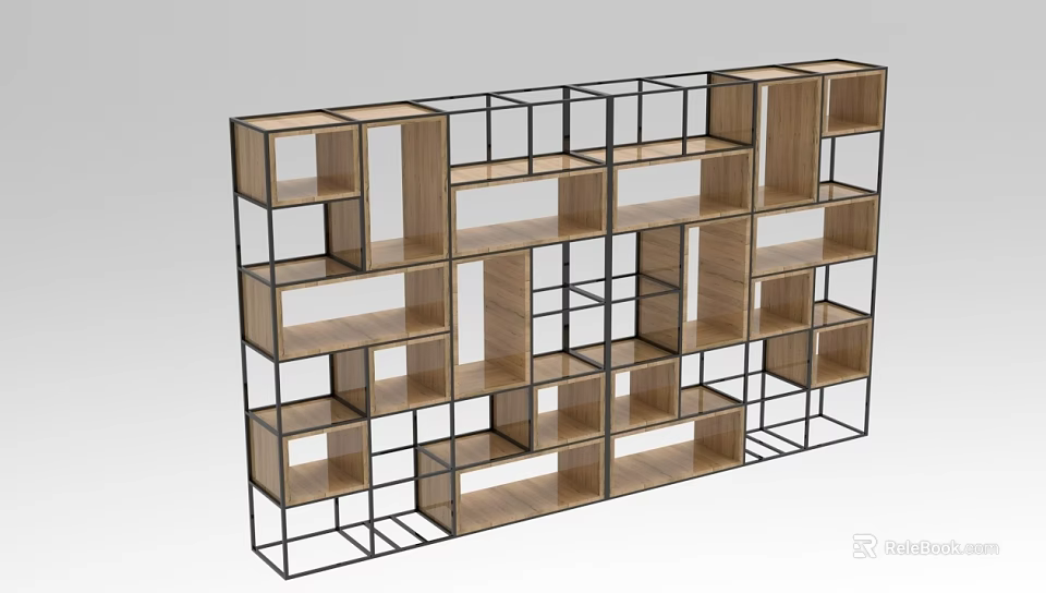 Modern Open Decorative Cabinet With Geometric Wooden Shelves And Metal Frame 3d model 
