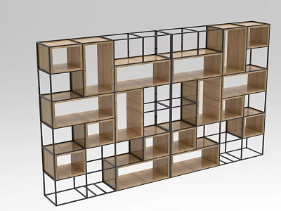Modern Open Decorative Cabinet With Geometric Wooden Shelves And Metal Frame 3d model
