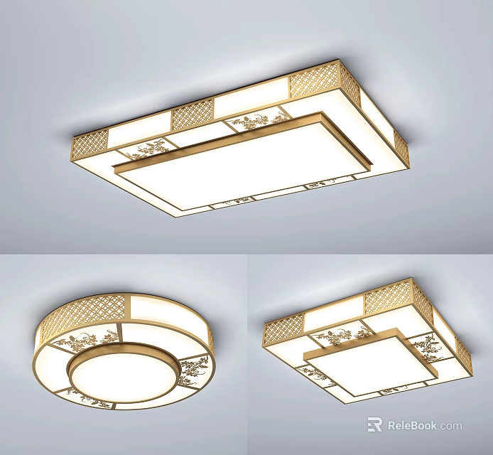 Elegant Golden Frame Square Round Ceiling Light With White Panel And Decorative Patterns 3d model