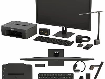 Complete Modern Computer Setup Including Monitor Keyboard Mouse Printer Headphones Desk Lamp And Accessories 3d model