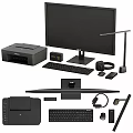 Complete Modern Computer Setup Including Monitor Keyboard Mouse Printer Headphones Desk Lamp And Accessories