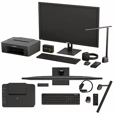 Complete Modern Computer Setup Including Monitor Keyboard Mouse Printer Headphones Desk Lamp And Accessories 3d model