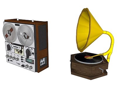 Vintage Tape Recorder And Gramophone With Reels Knobs Yellow Horn And Vinyl Record 3d model