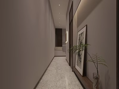Modern Elevator Hallway With Light-Colored Walls Wooden Doors Terrazzo Flooring Framed Artwork And Potted Plant 3d model