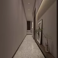 Modern Elevator Hallway With Light-Colored Walls Wooden Doors Terrazzo Flooring Framed Artwork And Potted Plant