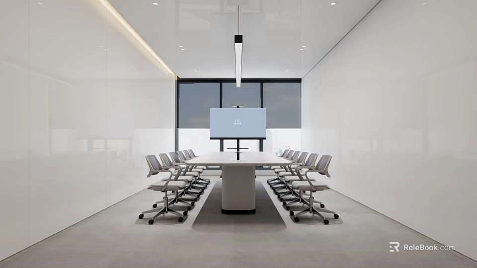 Modern Meeting Room Interior Design With Long Table Projector Screen And Ergonomic Chairs 3d model 