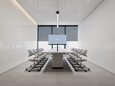 Modern Meeting Room Interior Design With Long Table Projector Screen And Ergonomic Chairs 3d model