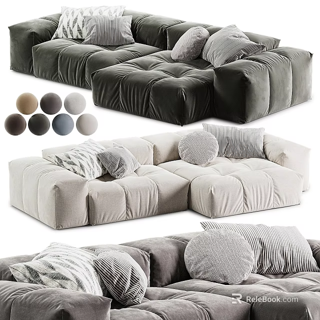 Velvet Modular Sofas With Decorative Pillows In Various Neutral Color Tones 3d model 