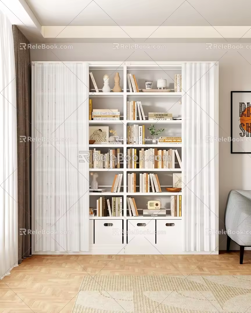 Bookshelf dust-proof curtain with slide rail punch-free detachable curtain economical library bookshelf assembly accessories gauze curtain 3d model