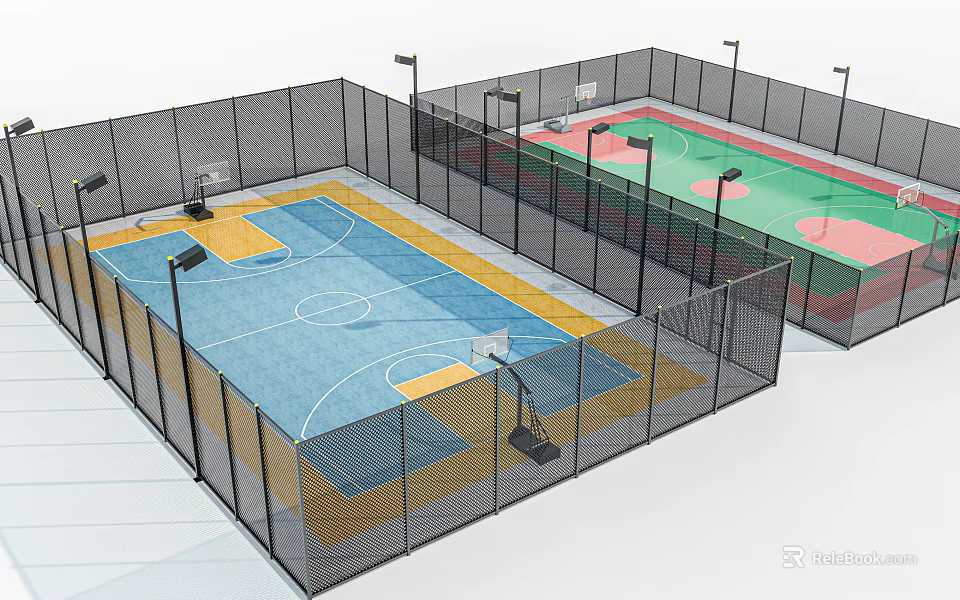 Two Basketball Courts With Black Mesh Fences Blue Yellow Green Red Surfaces And Basketball Hoops 3d model 