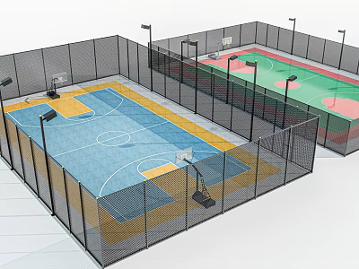 Two Basketball Courts With Black Mesh Fences Blue Yellow Green Red Surfaces And Basketball Hoops 3d model