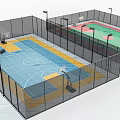 Two Basketball Courts With Black Mesh Fences Blue Yellow Green Red Surfaces And Basketball Hoops