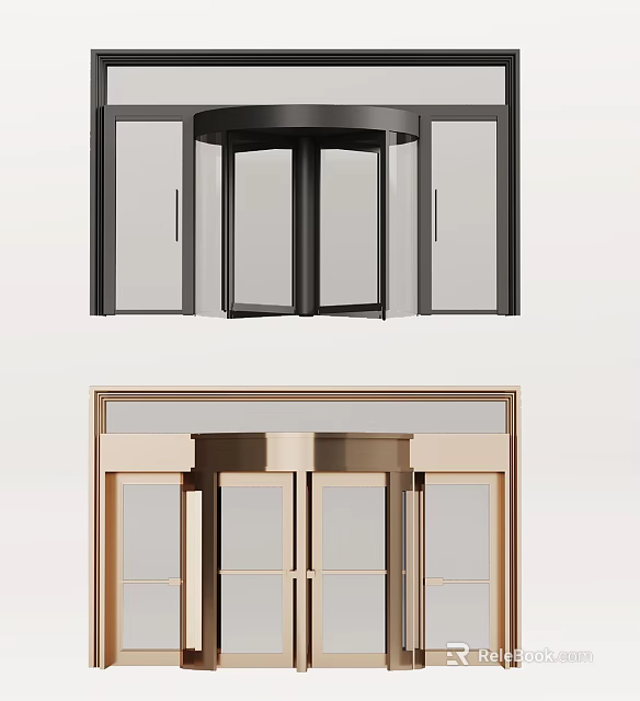 Modern Revolving Doors Design With Black And Gold Frames And Glass Panels 3d model 