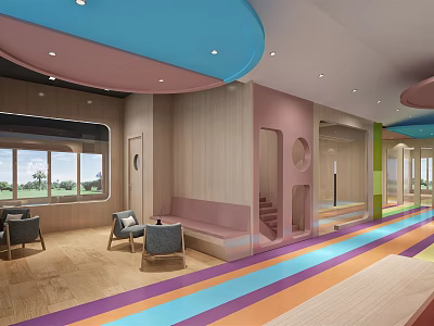 Colorful Kindergarten Interior With Wooden Elements Seats And Playful Floor Design 3d model