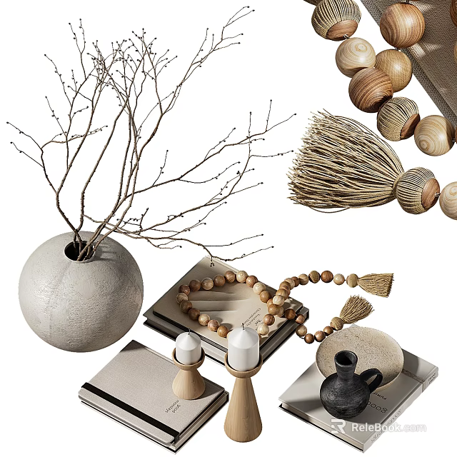 Decorative Ornament Set with Gray Vase Dried Branches Wooden Beads Tassels and White Candles 3d model 