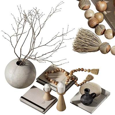 Decorative Ornament Set with Gray Vase Dried Branches Wooden Beads Tassels and White Candles 3d model