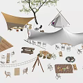 Outdoor Camping Teepee And Canopy Tents With Tables Chairs And Campfire Setup