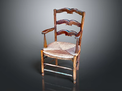 Vintage Wooden Chair With Armrests Curved Backrest And Woven Seat 3d model