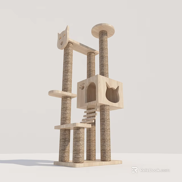 Wooden Cat Tree With Scratching Posts Platforms And Cozy Condo For Cats 3d model 