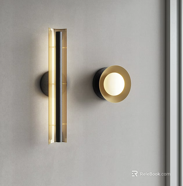 Modern Rectangular And Circular Wall Sconces With Black Gold Finishes Soft Illumination On Gray Wall 3d model