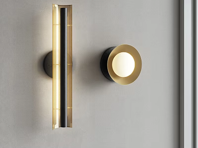 Modern Rectangular And Circular Wall Sconces With Black Gold Finishes Soft Illumination On Gray Wall 3d model
