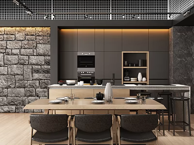 Modern Dining Table Set with Wooden Table Gray Chairs and Stone Wall in Kitchen 3d model