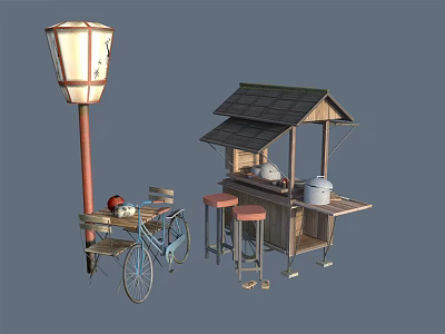 Traditional Vintage Street Scene With Small Wooden Stall Lantern Bicycle And Stools 3d model
