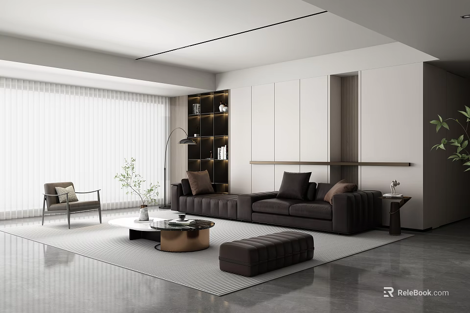 Modern Living Room Interior With Dark Sofa Coffee Table And Window Blinds 3d model 