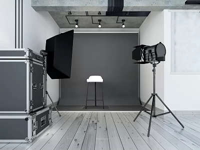 Professional Photography Studio Setup With Lighting Tripods Equipment Cases Wooden Floor And Gray Backdrop 3d model