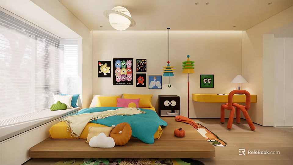 Colorful Kids Room Interior With Playful Bedding Cartoon Posters Desk Orange Chair And Floor Toys 3d model 