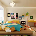 Colorful Kids Room Interior With Playful Bedding Cartoon Posters Desk Orange Chair And Floor Toys