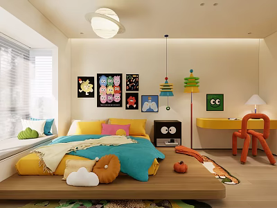 Colorful Kids Room Interior With Playful Bedding Cartoon Posters Desk Orange Chair And Floor Toys 3d model