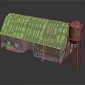 Traditional Wooden Building With Striped Roof Red Water Tower And Leaning Ladder