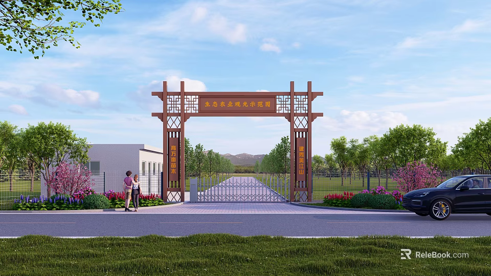 Wooden Entrance Gate With Carved Patterns Green Plants And Roadway Under Blue Sky 3d model 