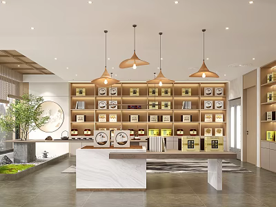 Modern Store Interior With Wooden Shelves Product Boxes Marble Counter Pendant Lights And Green Plant 3d model