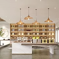 Modern Store Interior With Wooden Shelves Product Boxes Marble Counter Pendant Lights And Green Plant