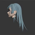 3D Human Head Model with Long Light Blue Hair and Detailed Facial Features